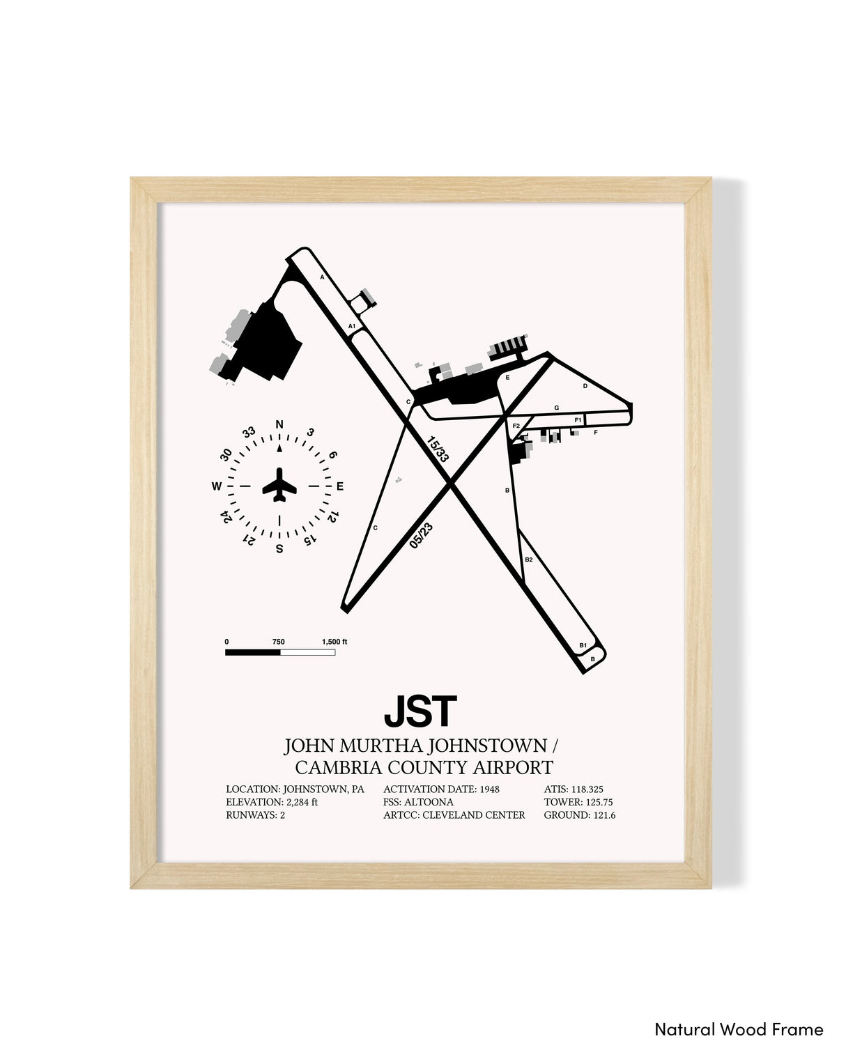 Detailed Airport Map of John Murtha Johnstown / Cambria County Airport (JST) in White with a Natural Frame