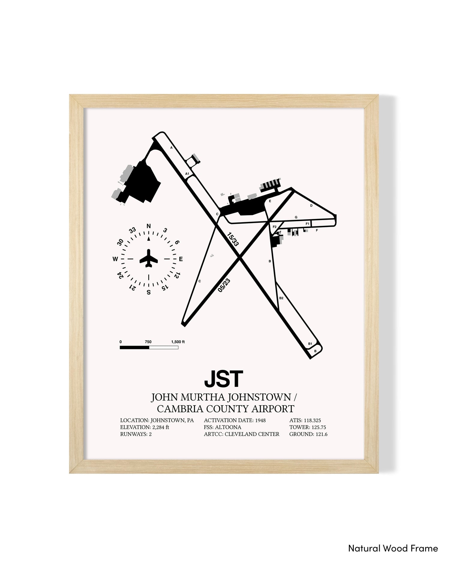 Detailed Airport Map of John Murtha Johnstown / Cambria County Airport (JST) in White with a Natural Frame