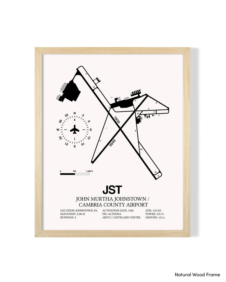 Detailed Airport Map of John Murtha Johnstown / Cambria County Airport (JST) in White with a Natural Frame