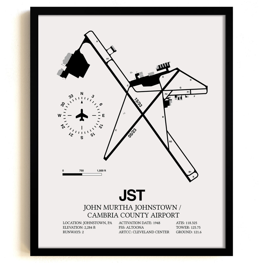 Framed Detailed Airport Map of John Murtha Johnstown / Cambria County Airport (JST) in White with a Black Frame