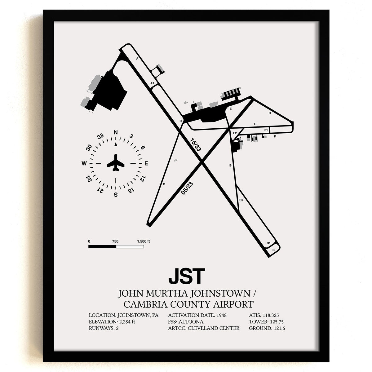 Framed Detailed Airport Map of John Murtha Johnstown / Cambria County Airport (JST) in White with a Black Frame