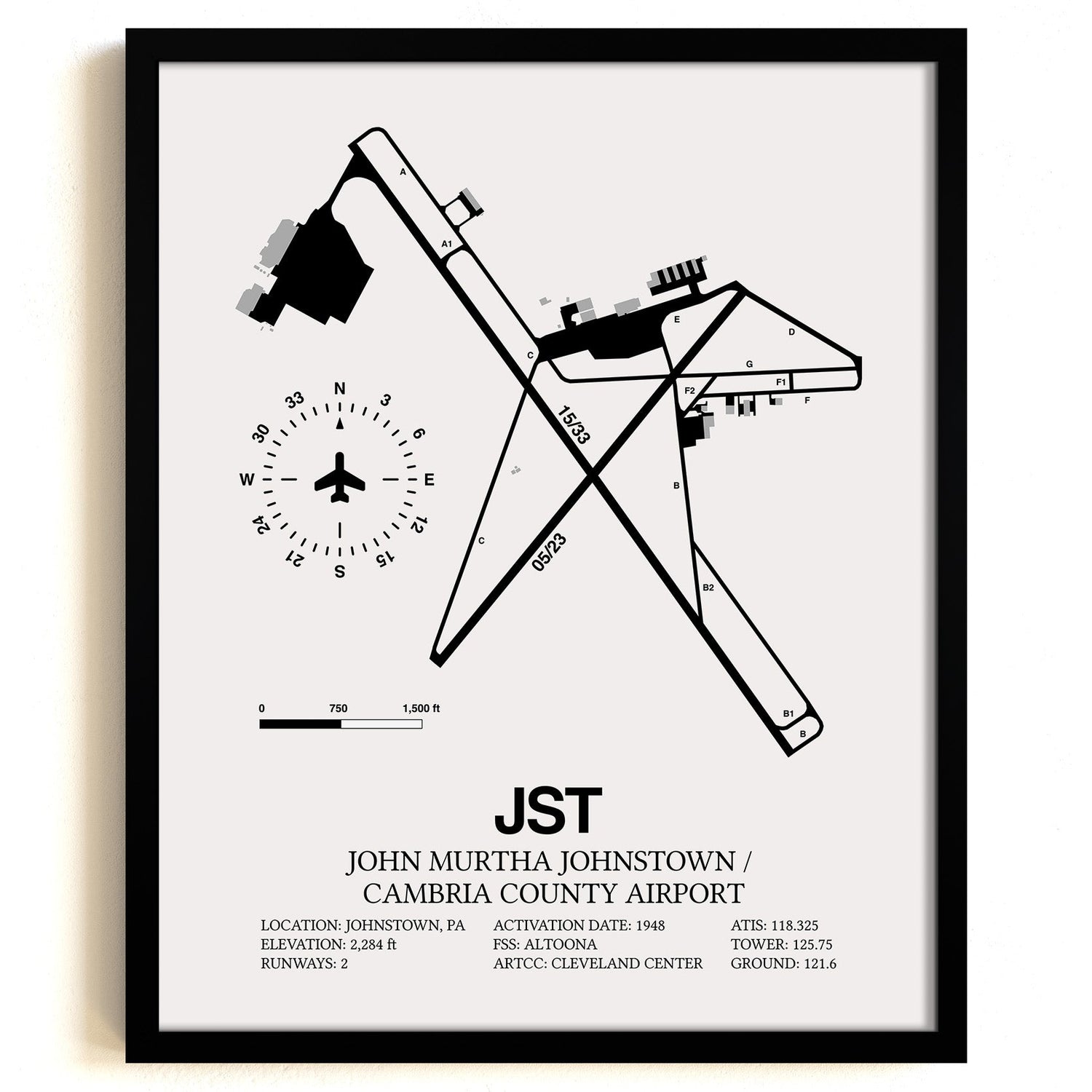 Framed Detailed Airport Map of John Murtha Johnstown / Cambria County Airport (JST) in White with a Black Frame