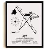 Framed Detailed Airport Map of John Murtha Johnstown / Cambria County Airport (JST) in White with a Black Frame