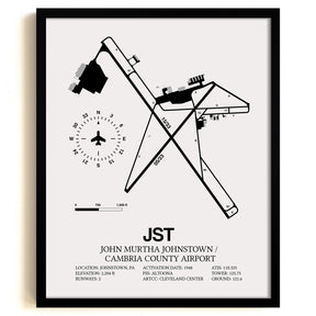 Framed Detailed Airport Map of John Murtha Johnstown / Cambria County Airport (JST) in White with a Black Frame