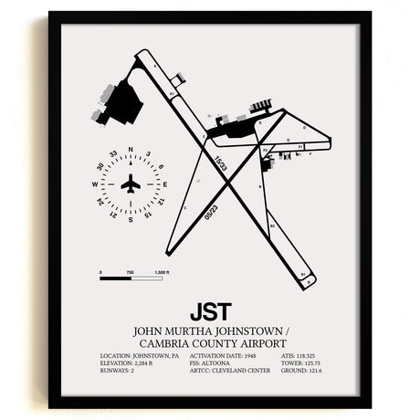 Framed Detailed Airport Map of John Murtha Johnstown / Cambria County Airport (JST) in White with a Black Frame