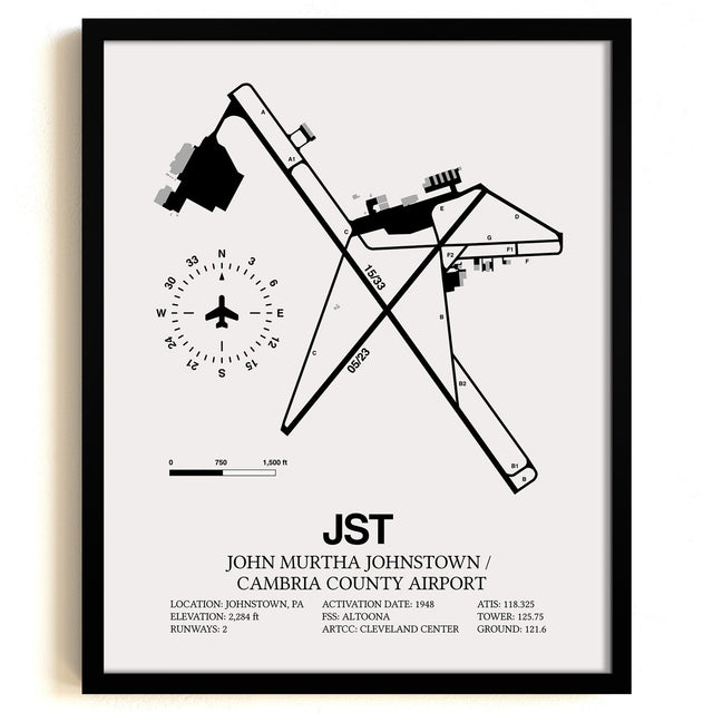 Framed Detailed Airport Map of John Murtha Johnstown / Cambria County Airport (JST) in White with a Black Frame