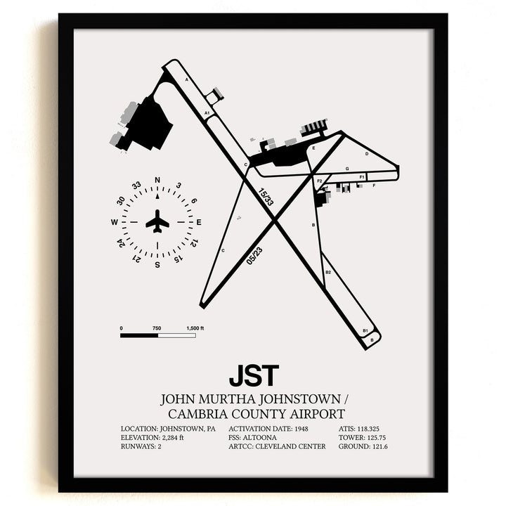 Framed Detailed Airport Map of John Murtha Johnstown / Cambria County Airport (JST) in White with a Black Frame
