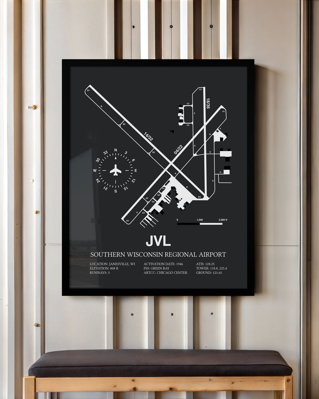 Framed Detailed Airport Map of Southern Wisconsin Regional Airport (JVL) in Gray with a Black Frame