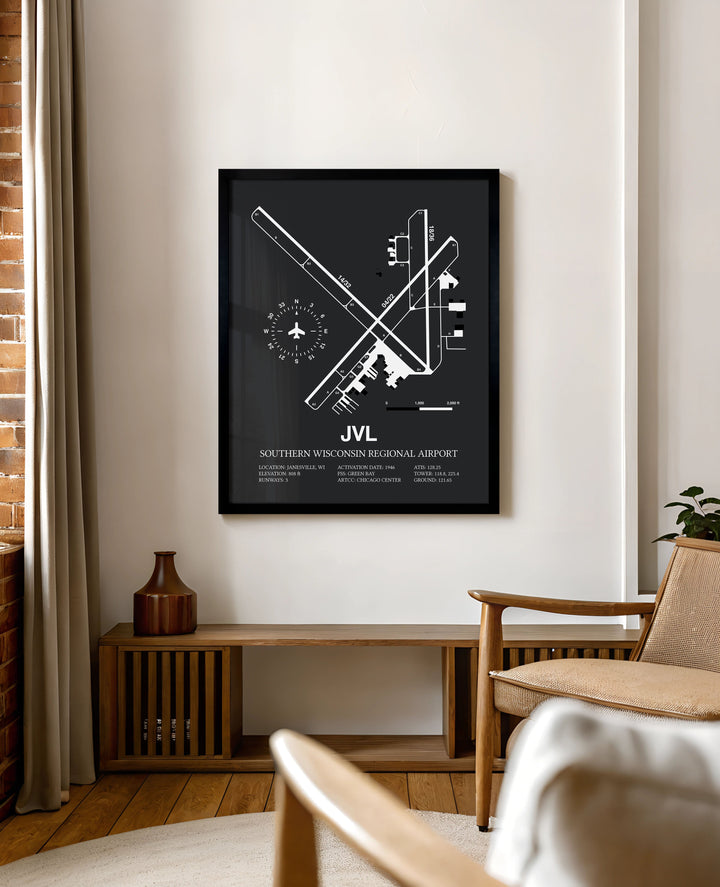 Framed Detailed Airport Map of Southern Wisconsin Regional Airport (JVL) in Gray with a Black Frame