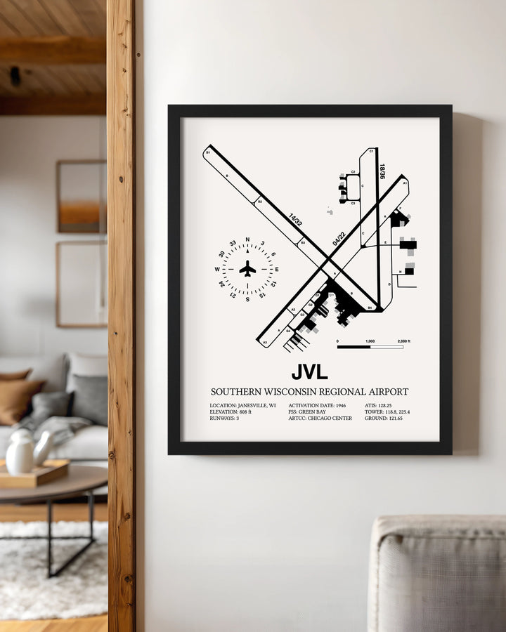 Framed Detailed Airport Map of Southern Wisconsin Regional Airport (JVL) in White with a Black Frame
