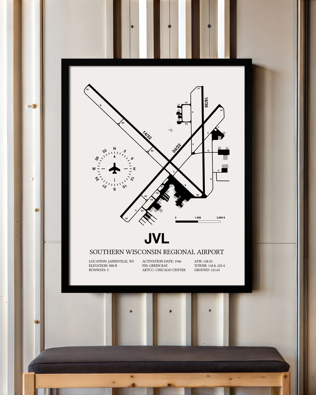 Framed Detailed Airport Map of Southern Wisconsin Regional Airport (JVL) in White with a Black Frame