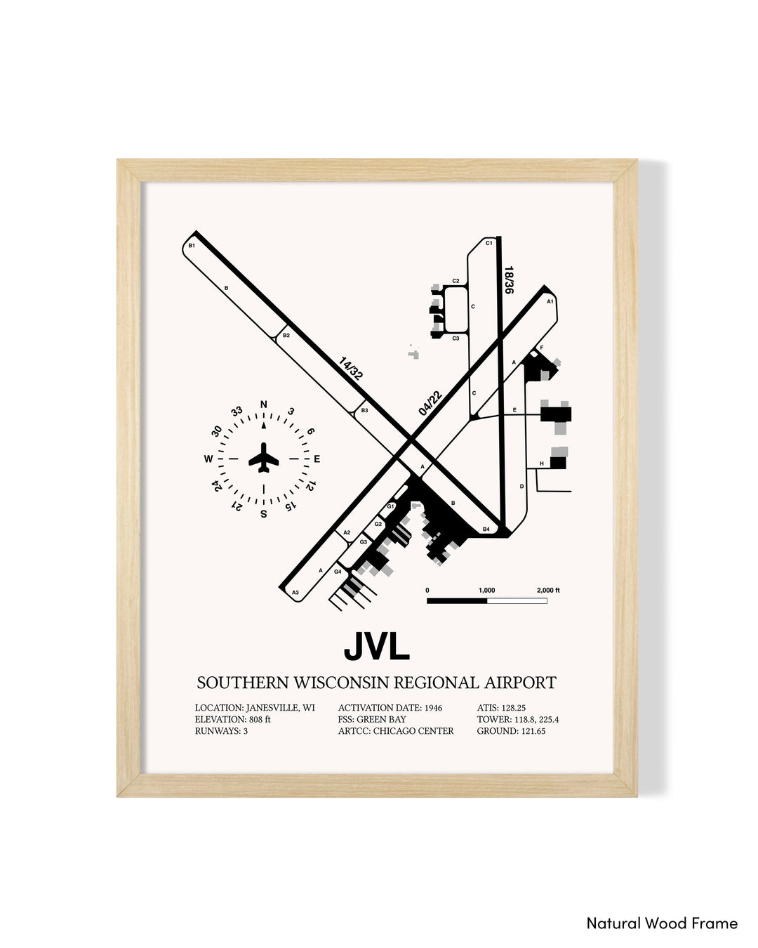 Detailed Airport Map of Southern Wisconsin Regional Airport (JVL) in White with a Natural Frame