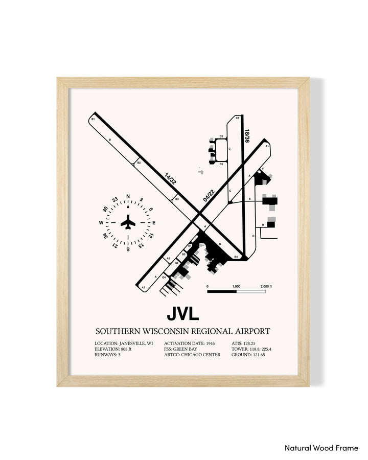 Detailed Airport Map of Southern Wisconsin Regional Airport (JVL) in White with a Natural Frame