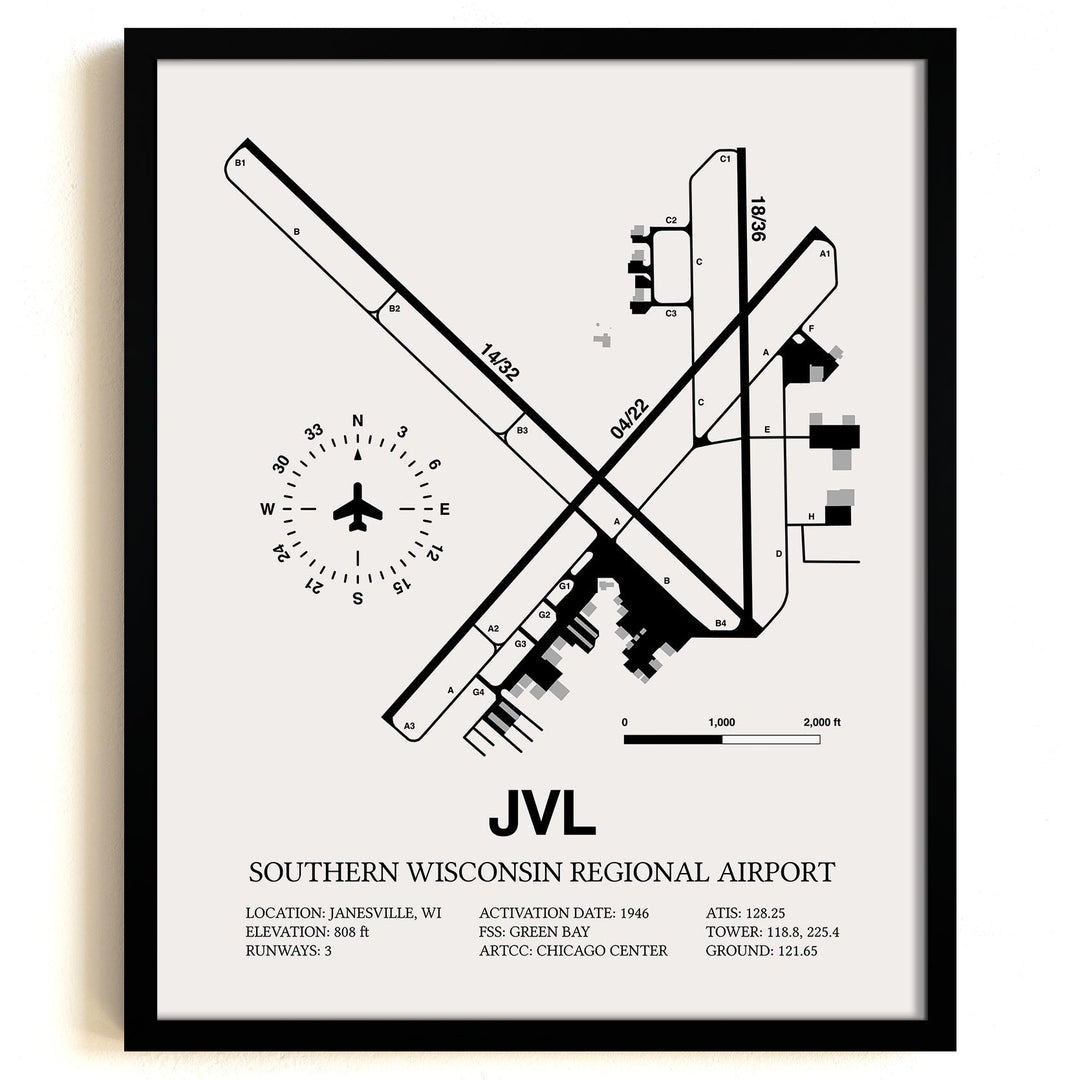 Framed Detailed Airport Map of Southern Wisconsin Regional Airport (JVL) in White with a Black Frame