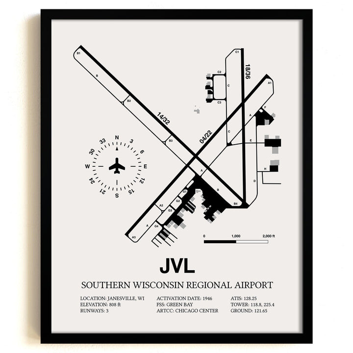 Framed Detailed Airport Map of Southern Wisconsin Regional Airport (JVL) in White with a Black Frame