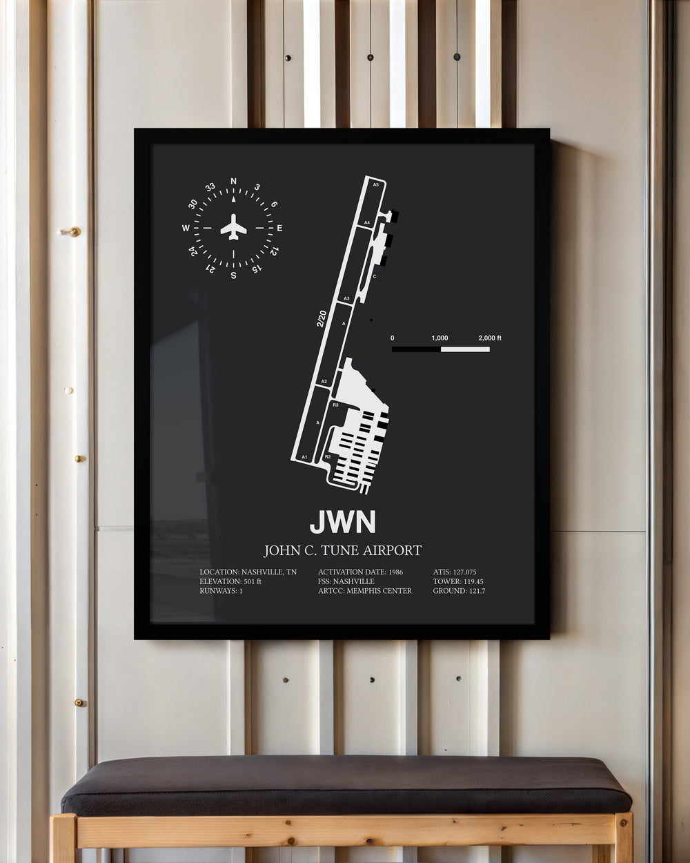Framed Detailed Airport Map of John C. Tune Airport (JWN) in Gray with a Black Frame