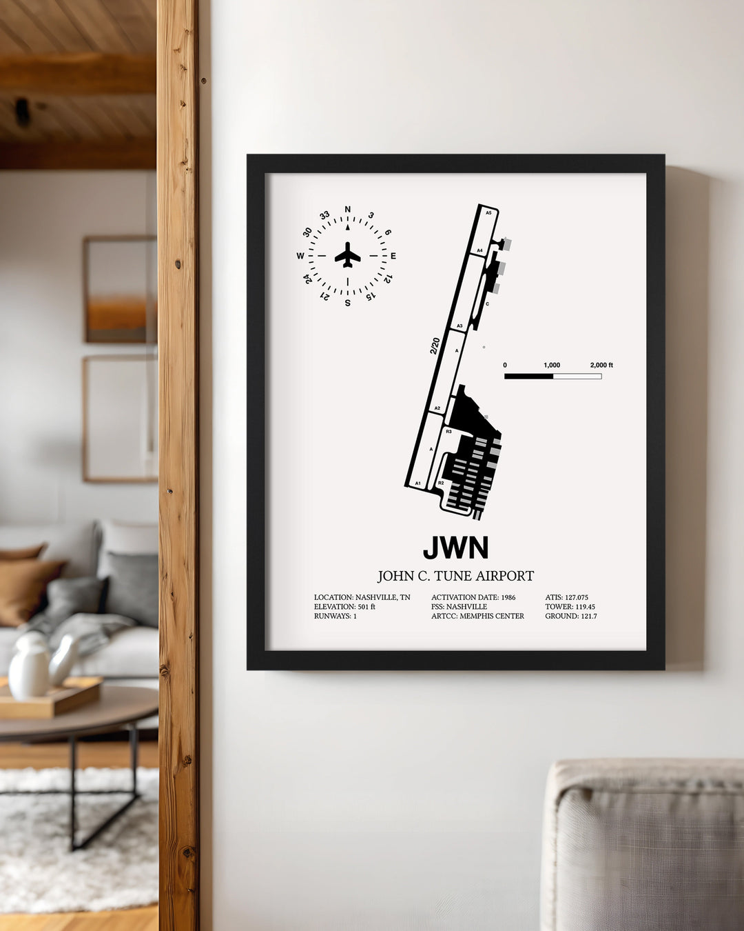 Framed Detailed Airport Map of John C. Tune Airport (JWN) in White with a Black Frame