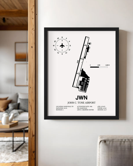 Framed Detailed Airport Map of John C. Tune Airport (JWN) in White with a Black Frame