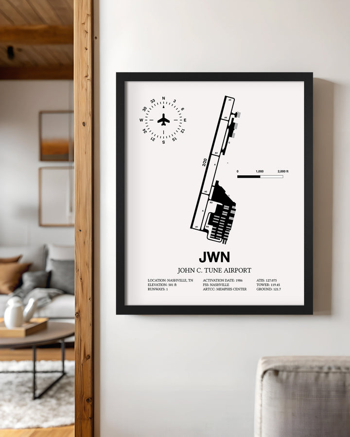 Framed Detailed Airport Map of John C. Tune Airport (JWN) in White with a Black Frame