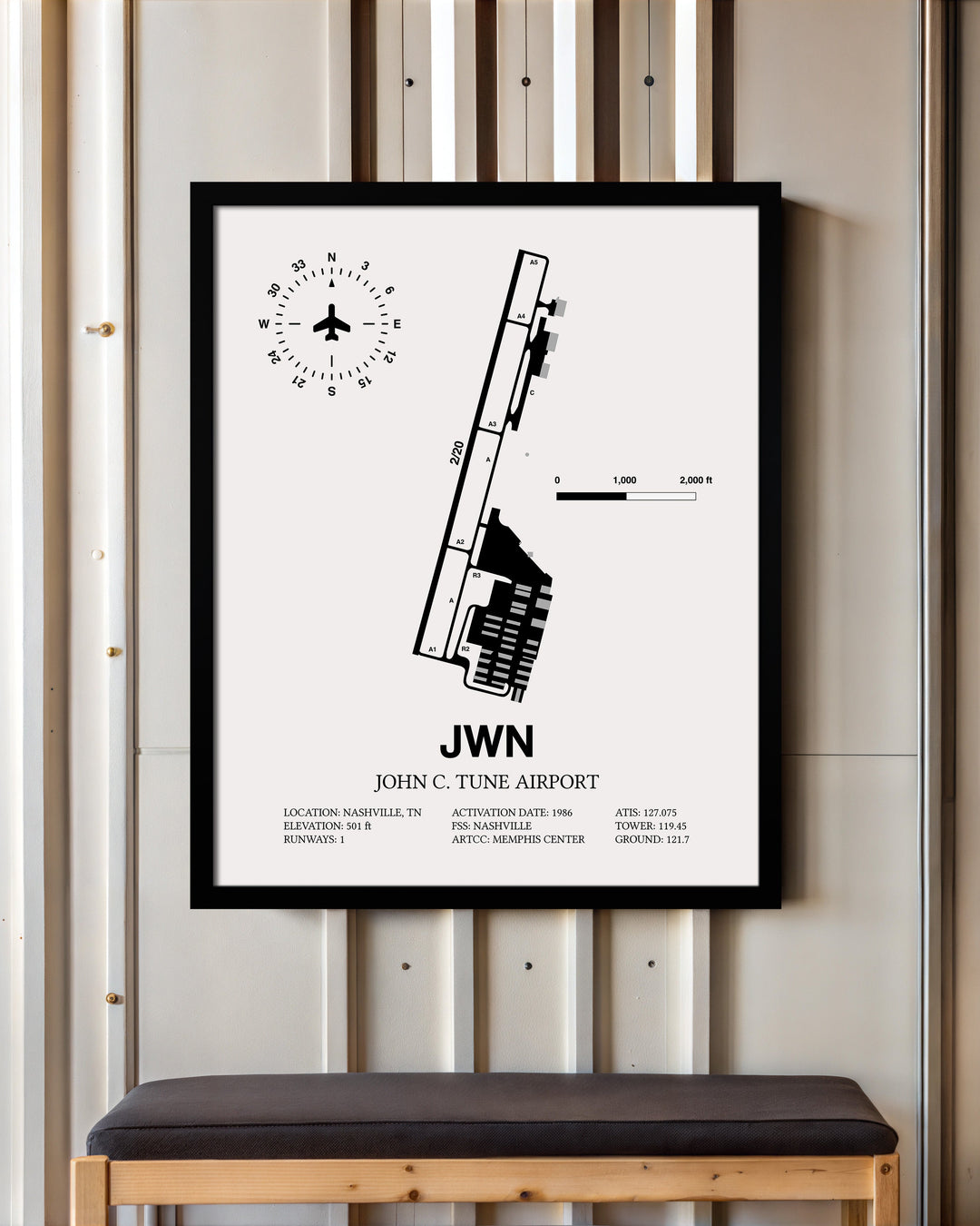 Framed Detailed Airport Map of John C. Tune Airport (JWN) in White with a Black Frame