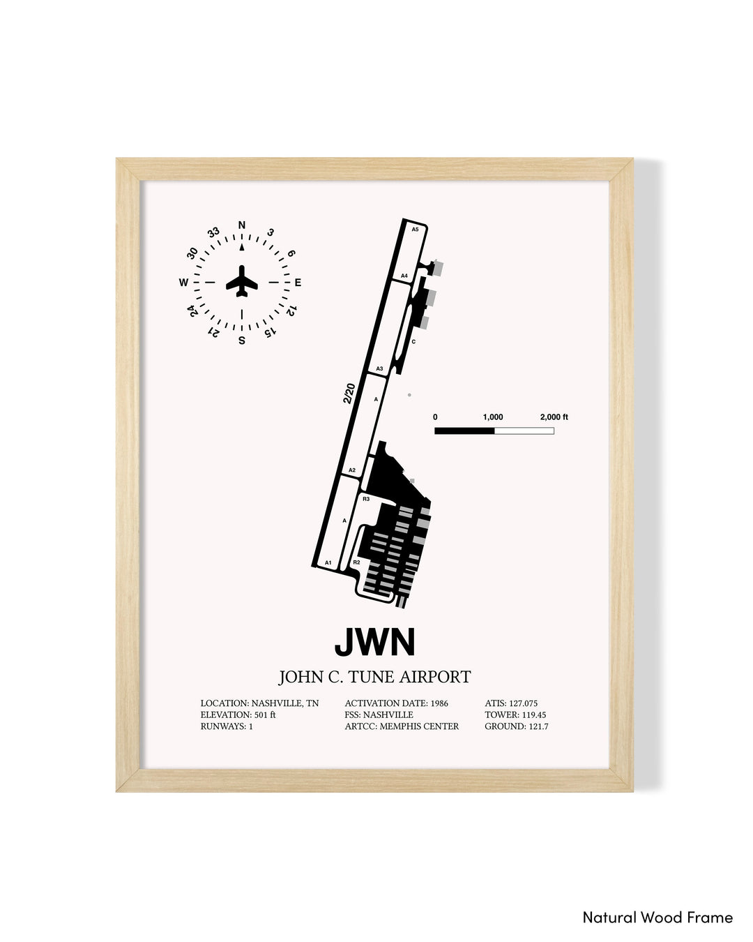 Detailed Airport Map of John C. Tune Airport (JWN) in White with a Natural Frame