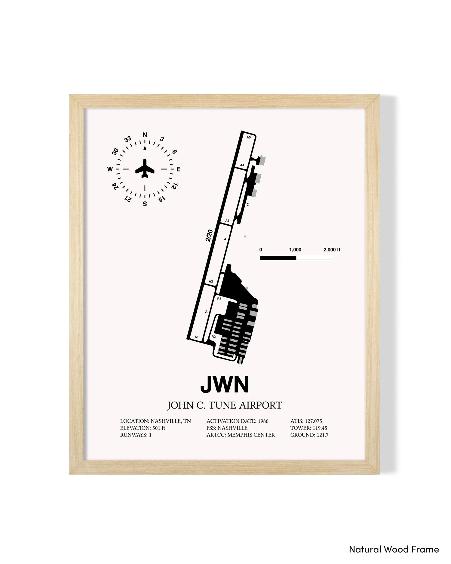 Detailed Airport Map of John C. Tune Airport (JWN) in White with a Natural Frame