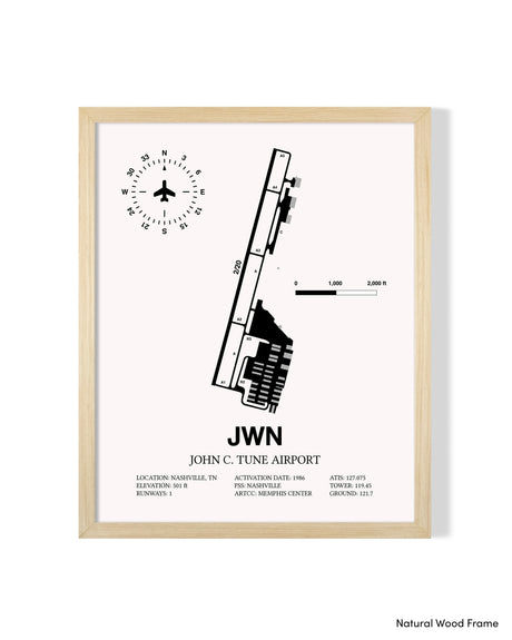 Detailed Airport Map of John C. Tune Airport (JWN) in White with a Natural Frame