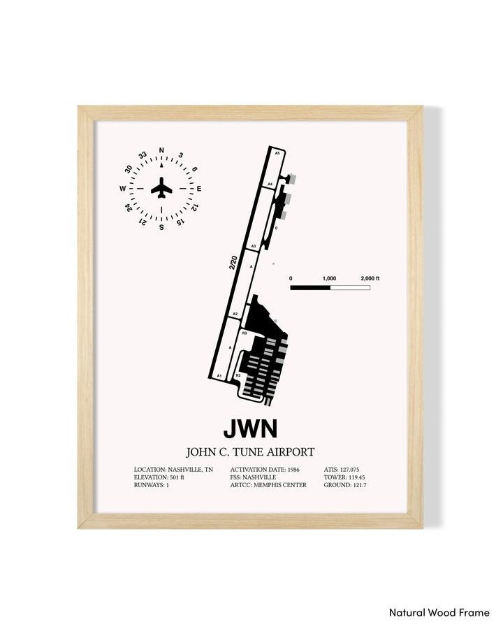 Detailed Airport Map of John C. Tune Airport (JWN) in White with a Natural Frame