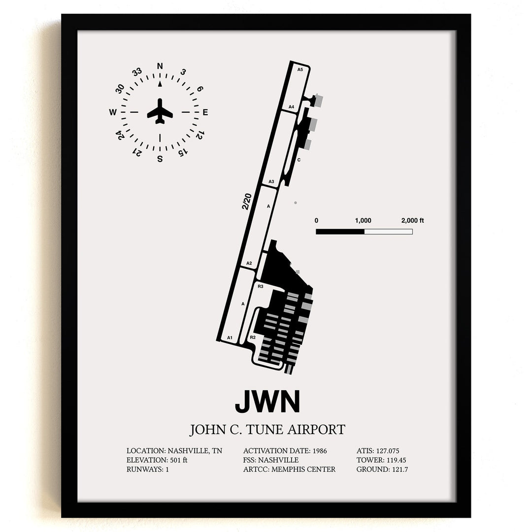Framed Detailed Airport Map of John C. Tune Airport (JWN) in White with a Black Frame