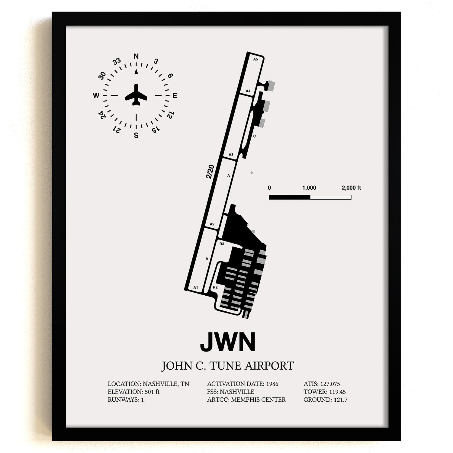 Framed Detailed Airport Map of John C. Tune Airport (JWN) in White with a Black Frame