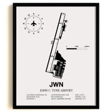 Framed Detailed Airport Map of John C. Tune Airport (JWN) in White with a Black Frame