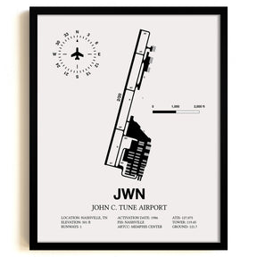 Framed Detailed Airport Map of John C. Tune Airport (JWN) in White with a Black Frame