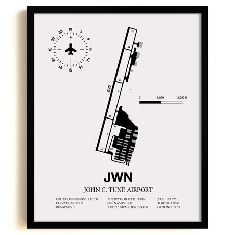 Framed Detailed Airport Map of John C. Tune Airport (JWN) in White with a Black Frame
