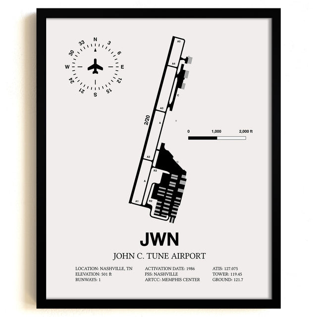 Framed Detailed Airport Map of John C. Tune Airport (JWN) in White with a Black Frame