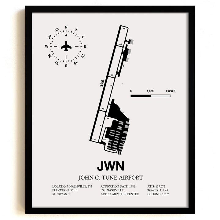 Framed Detailed Airport Map of John C. Tune Airport (JWN) in White with a Black Frame
