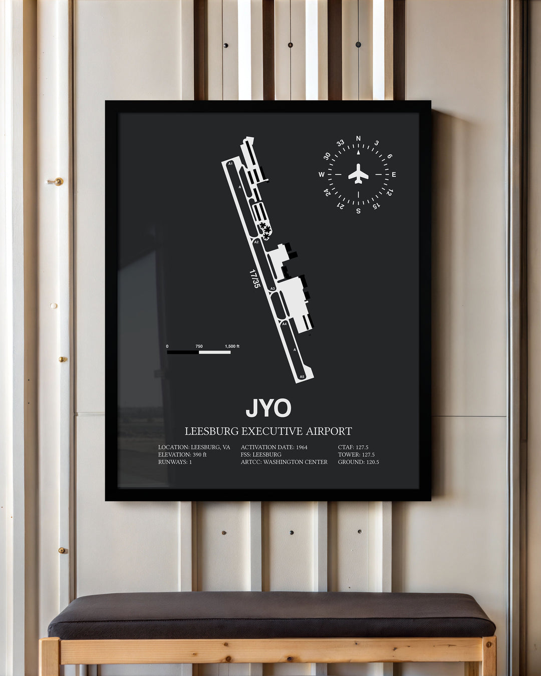 Framed Detailed Airport Map of Leesburg Executive Airport (JYO) in Gray with a Black Frame