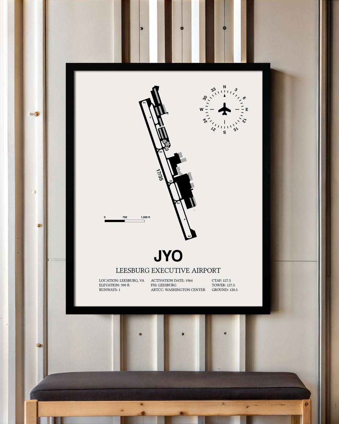Framed Detailed Airport Map of Leesburg Executive Airport (JYO) in White with a Black Frame