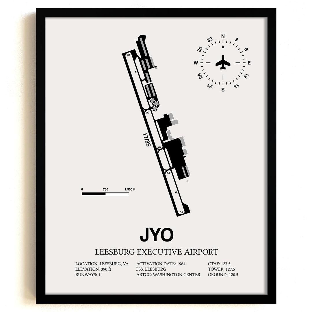 Framed Detailed Airport Map of Leesburg Executive Airport (JYO) in White with a Black Frame