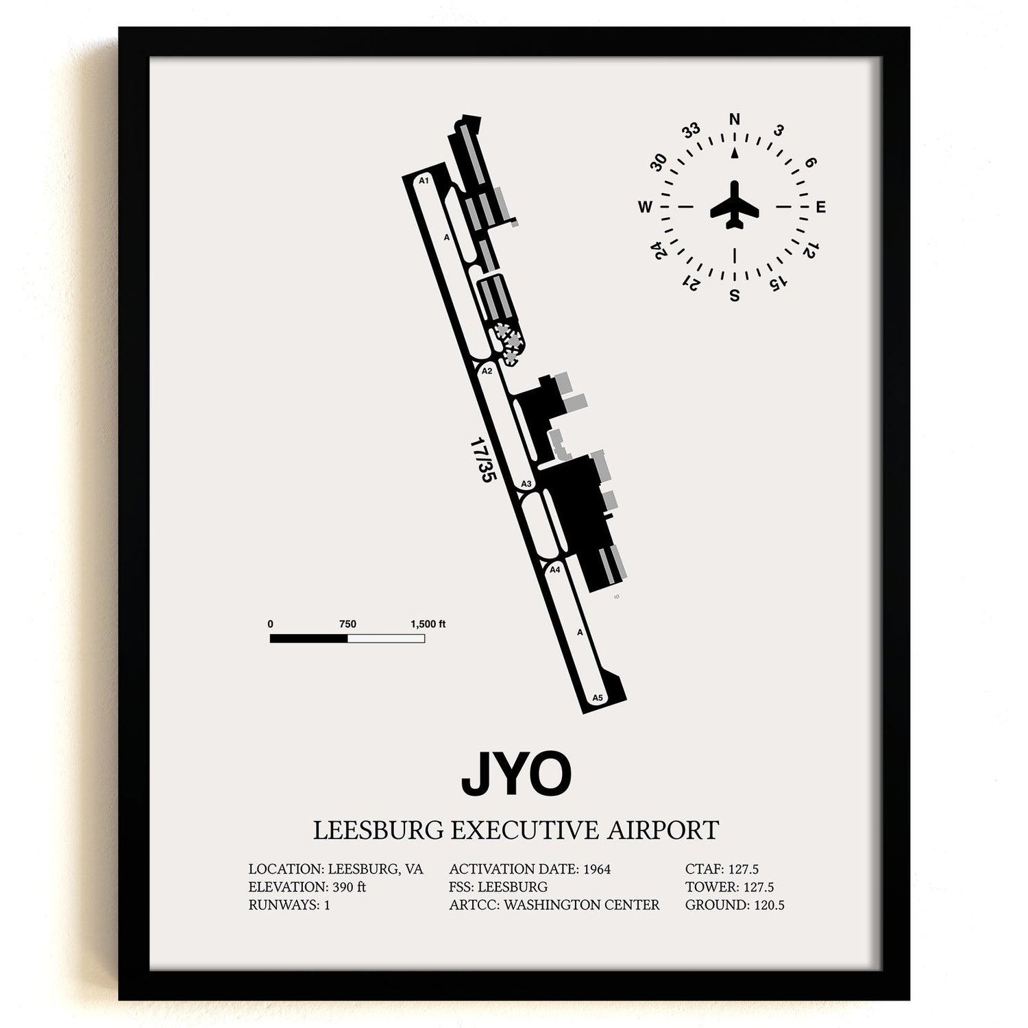 Framed Detailed Airport Map of Leesburg Executive Airport (JYO) in White with a Black Frame