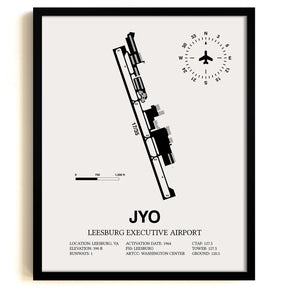 Framed Detailed Airport Map of Leesburg Executive Airport (JYO) in White with a Black Frame