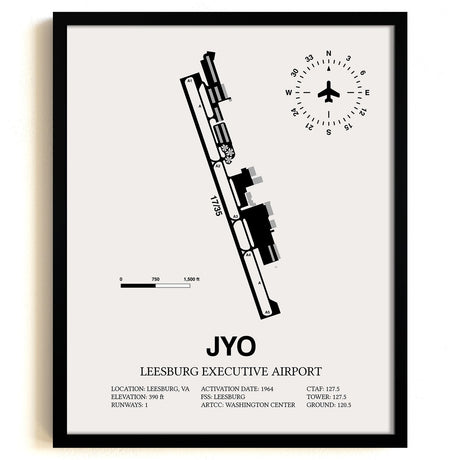 Framed Detailed Airport Map of Leesburg Executive Airport (JYO) in White with a Black Frame