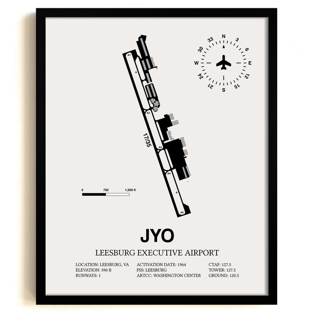 Framed Detailed Airport Map of Leesburg Executive Airport (JYO) in White with a Black Frame