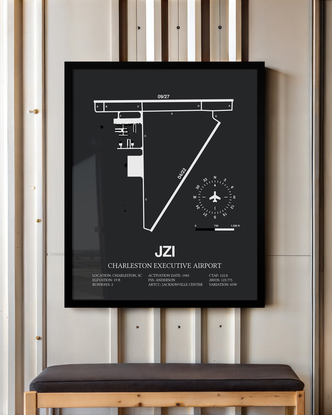 Framed Detailed Airport Map of Charleston Executive Airport (JZI) in Gray with a Black Frame