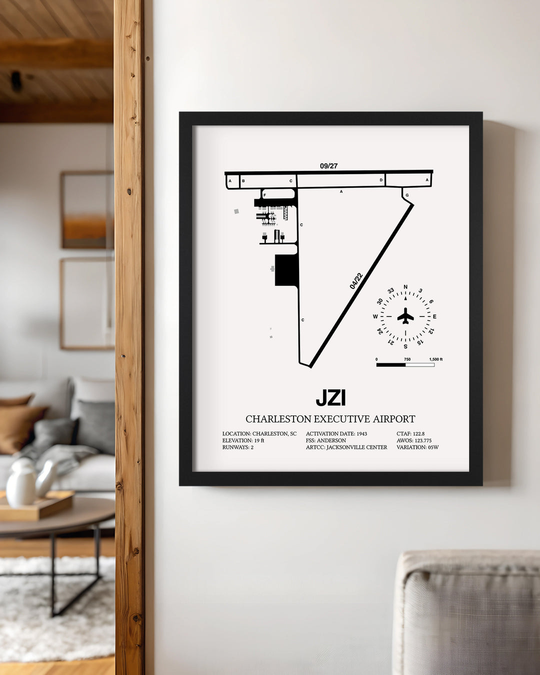 Framed Detailed Airport Map of Charleston Executive Airport (JZI) in White with a Black Frame