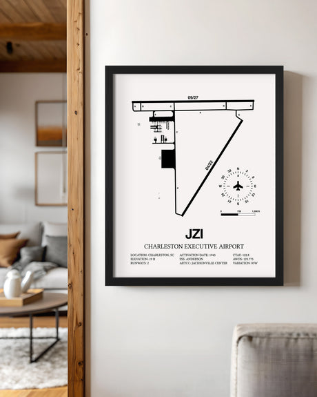 Framed Detailed Airport Map of Charleston Executive Airport (JZI) in White with a Black Frame
