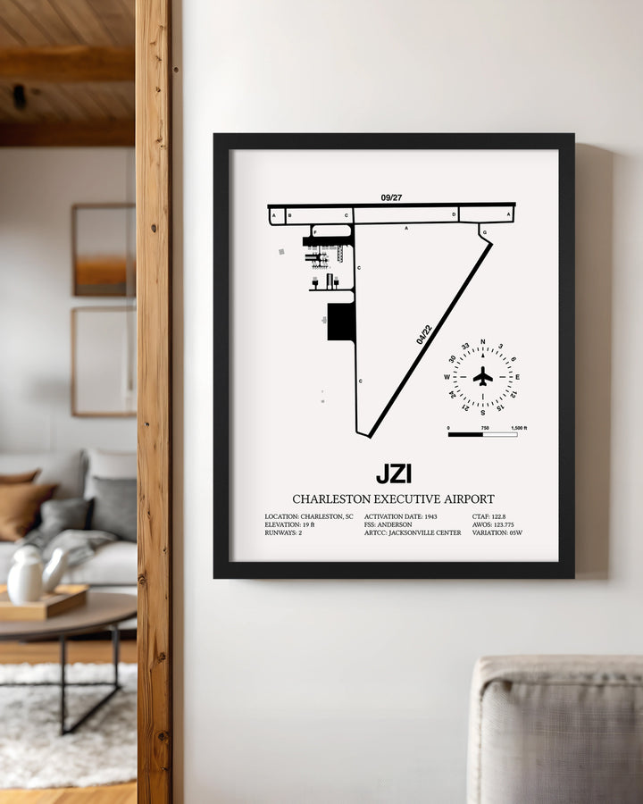 Framed Detailed Airport Map of Charleston Executive Airport (JZI) in White with a Black Frame