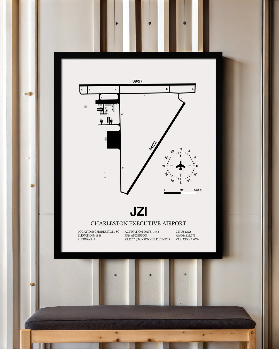 Framed Detailed Airport Map of Charleston Executive Airport (JZI) in White with a Black Frame