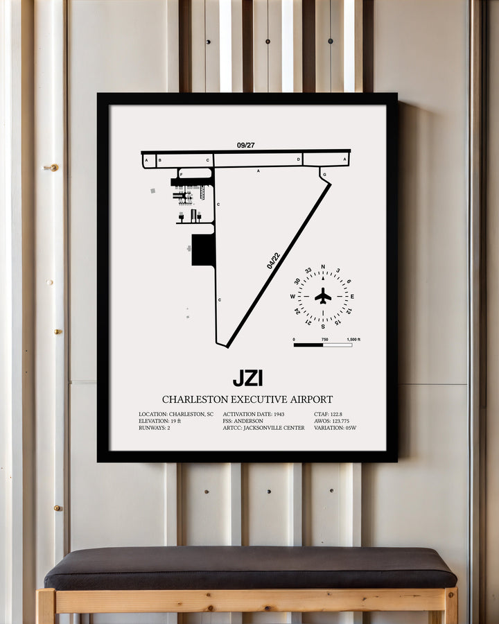 Framed Detailed Airport Map of Charleston Executive Airport (JZI) in White with a Black Frame