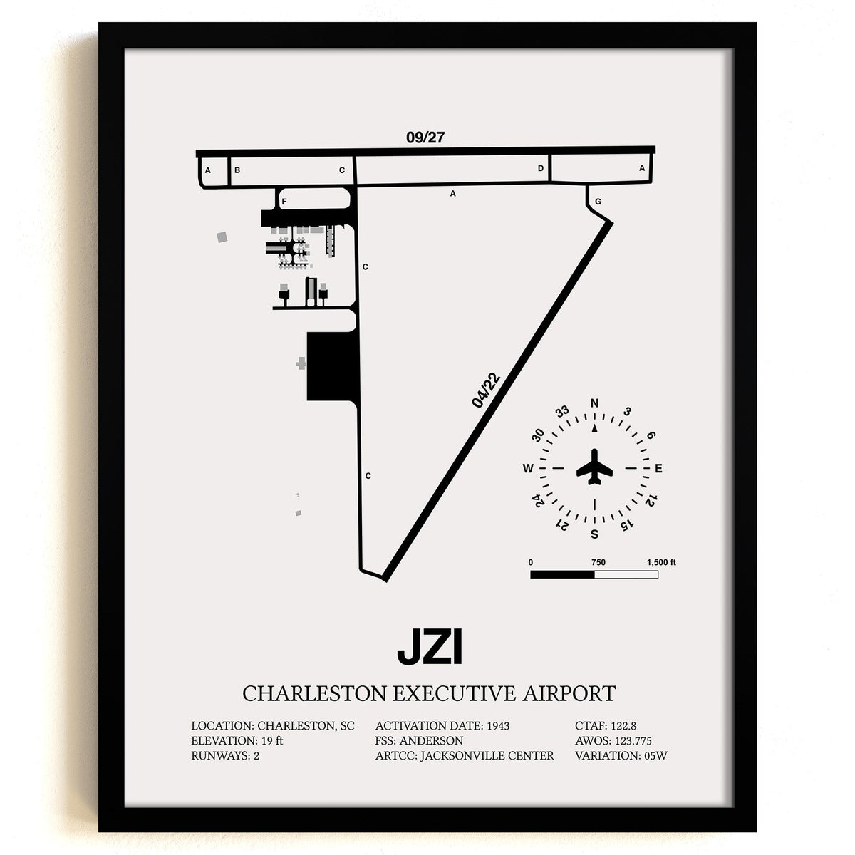 Framed Detailed Airport Map of Charleston Executive Airport (JZI) in White with a Black Frame