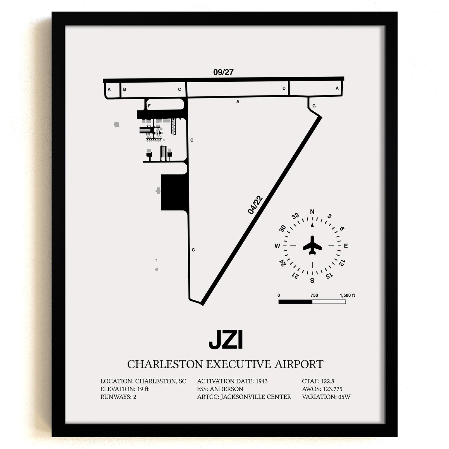 Framed Detailed Airport Map of Charleston Executive Airport (JZI) in White with a Black Frame